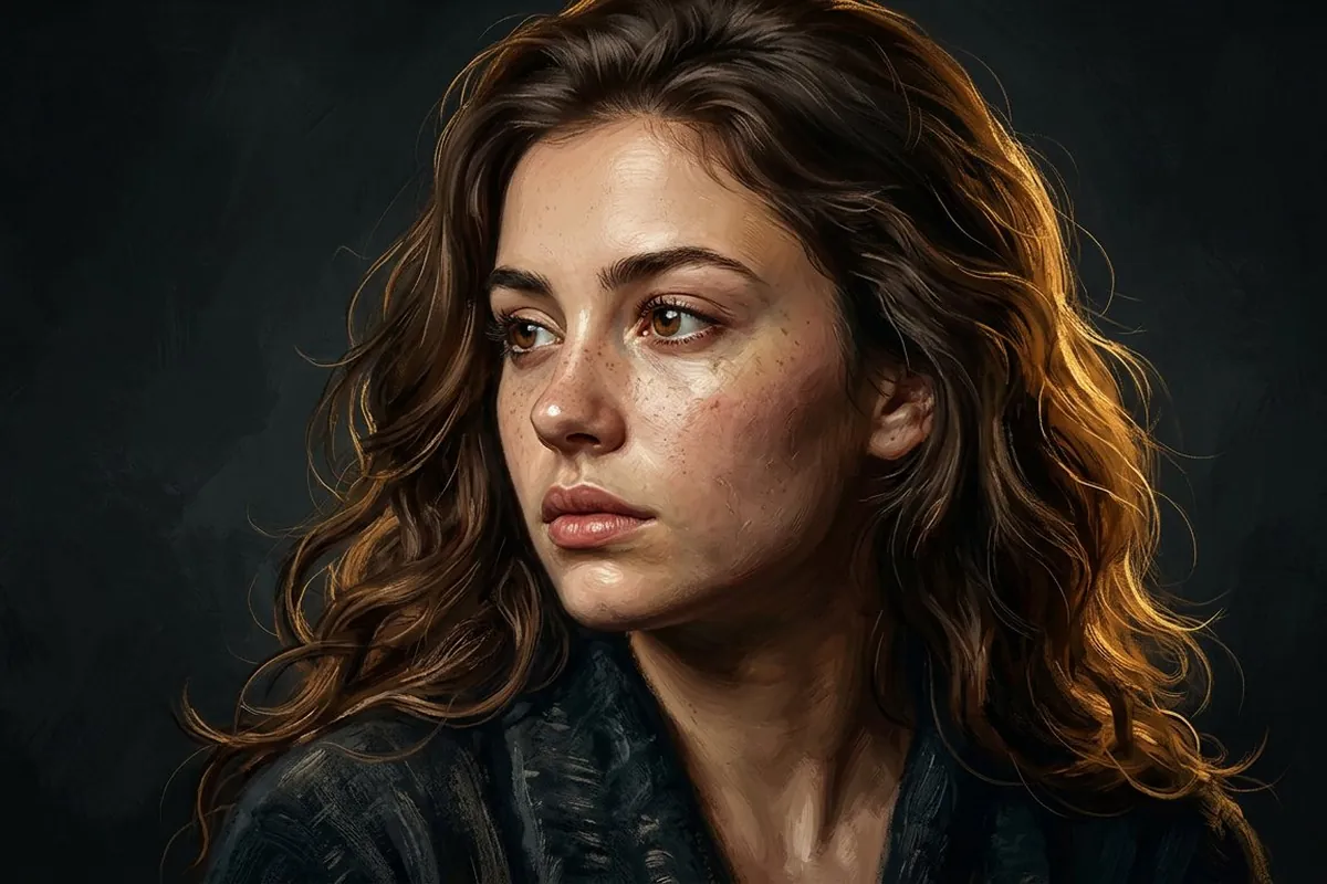 Finished portrait: detailed skin texture, hair strands and final rendering