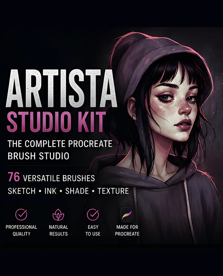 Artista Studio Kit: 76 Procreate Brushes: One organized 76-brush collection that covers the full studio workflow, linework, inking, sketching, shading, graphite, markers and effects.