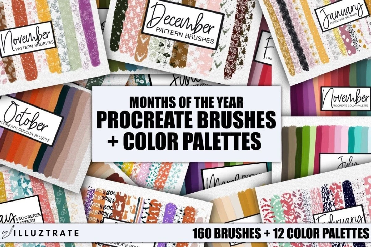 Procreate Brush & Color Palette Bundle: 160 Brushes + 12 Palettes