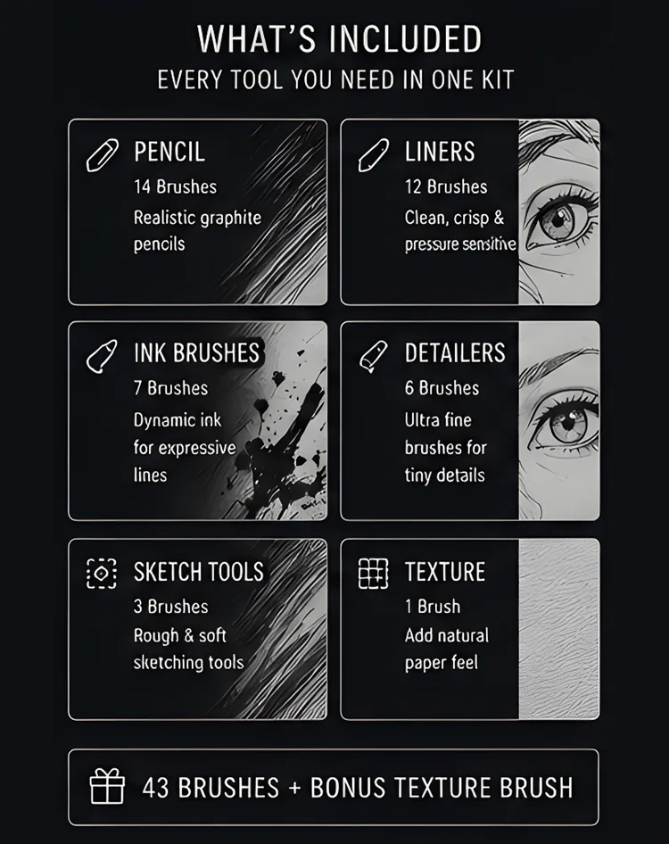 Essential Line Art & Sketch Kit for Procreate, product preview artwork: preview 2 thumbnail