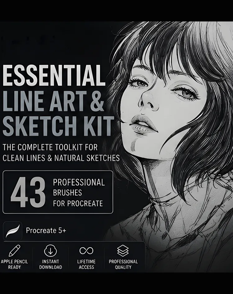 Essential Line Art & Sketch Kit for Procreate: 43 focused brushes plus a bonus texture brush for clean line art, natural pencil sketches and confident inking, no pack-switching.