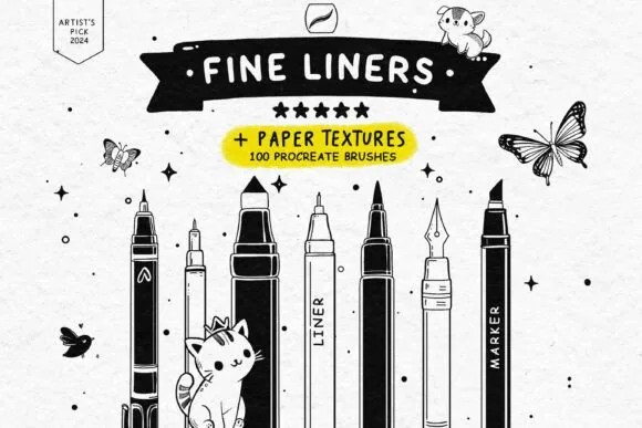 Free Fine Liner Set: 100 Brushes + 13 Paper Textures: Real pen precision at zero cost: 100 fine liner, micron and marker brushes plus 13 seamless paper textures. Free instant download.