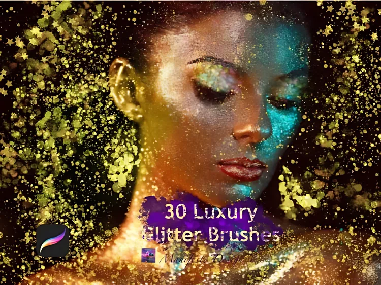 30 Glitter Procreate Brushes: Sparkle & Shine Set: Thirty responsive glitter, sparkle and glow brushes, from whisper-soft glimmer to radiant flare for lettering, makeup and highlights.