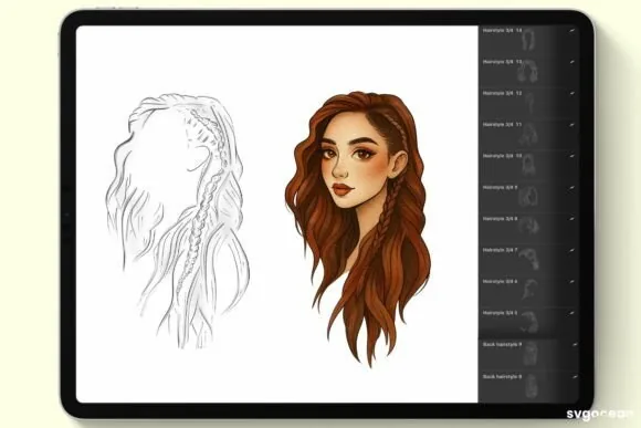 Professional Hair & Hairstyle Stamp Kit for Procreate, product preview artwork: preview 3 thumbnail