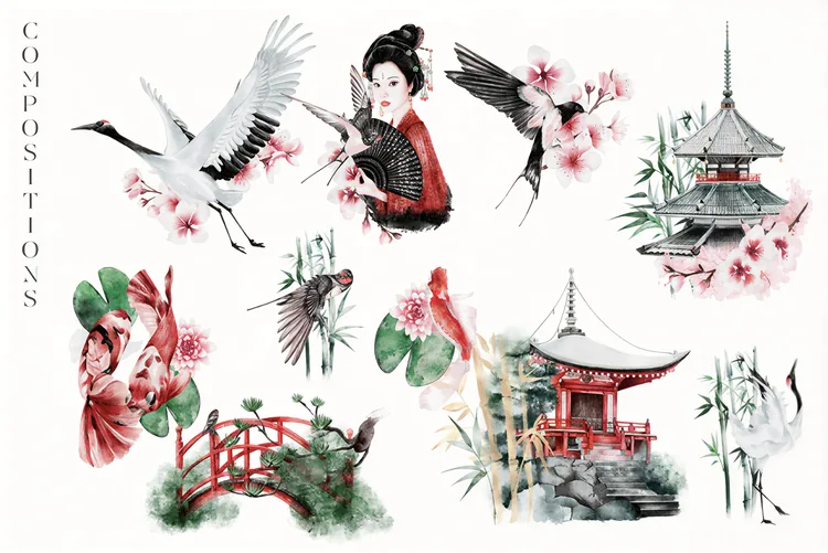 Japanese Watercolour Collection, 43 Illustrations + Patterns, product preview artwork: preview 1 thumbnail