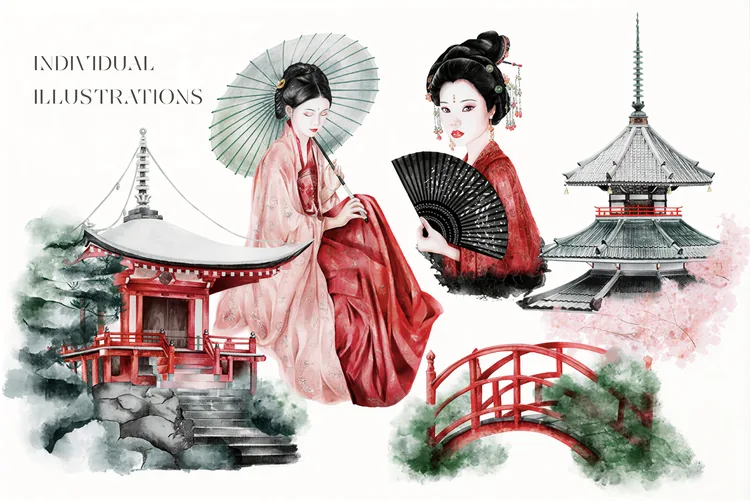 Japanese Watercolour Collection, 43 Illustrations + Patterns, product preview artwork: preview 3 thumbnail
