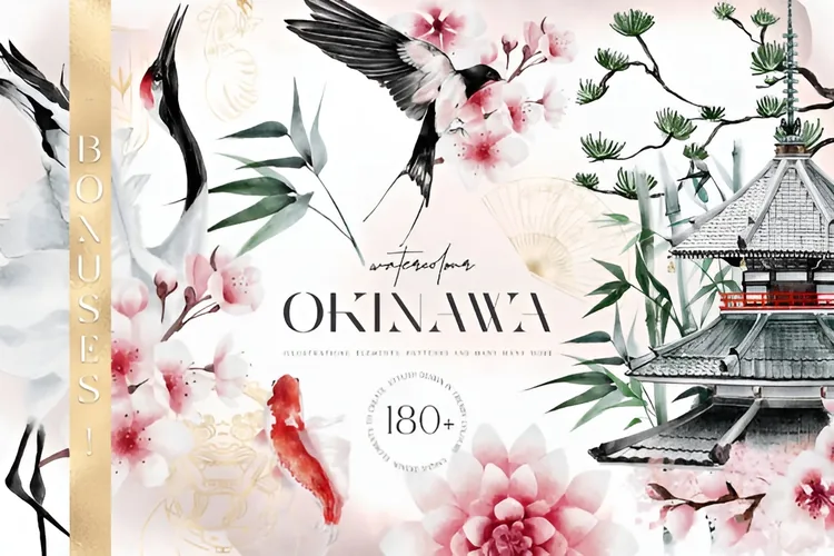Japanese Watercolour Collection: 43 Illustrations + Patterns: Premium Japanese-inspired watercolour illustrations, seamless patterns, posters and bonus elements for branding and print.