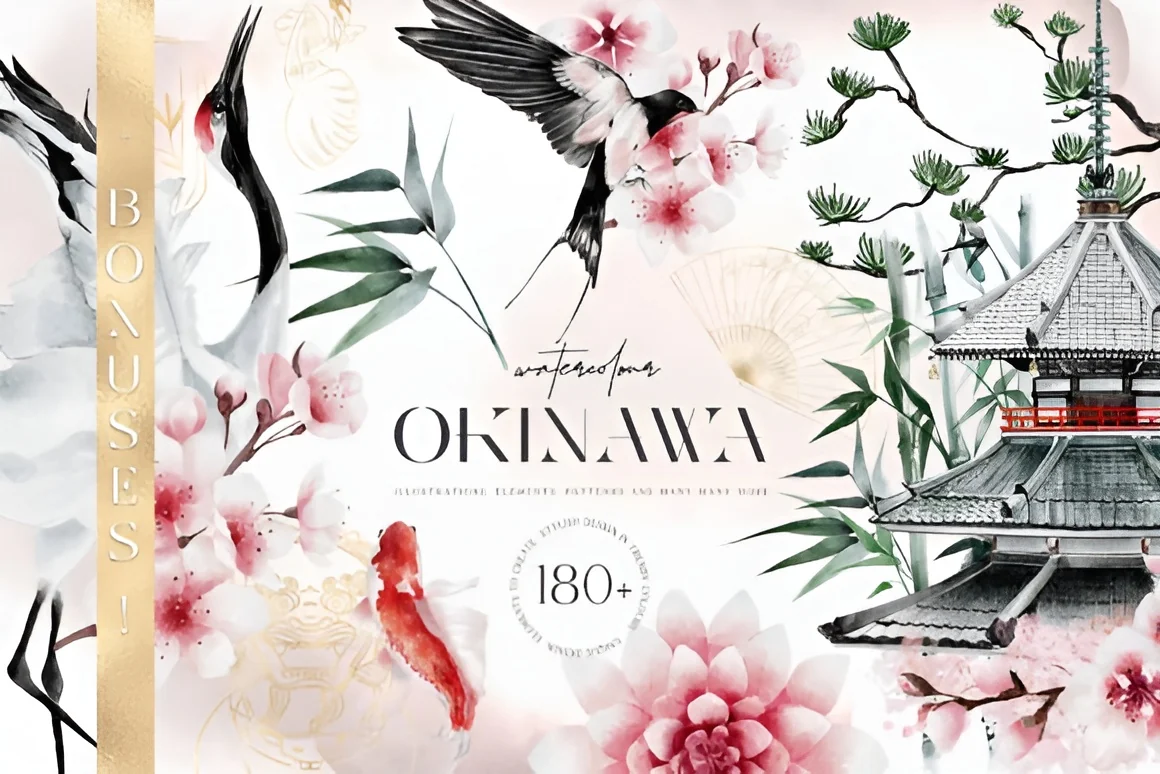 Japanese Watercolour Collection, 43 Illustrations + Patterns, product preview artwork