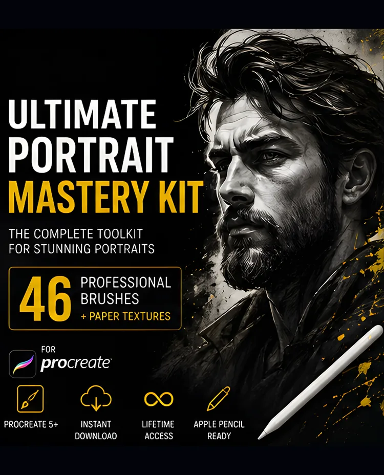 Portrait Mastery Kit: 46 Procreate Brushes: A portrait-specific workflow kit: 46 pro brushes plus 4 paper textures organized into sketch, ink, blend, hair, detail, texture and finish.