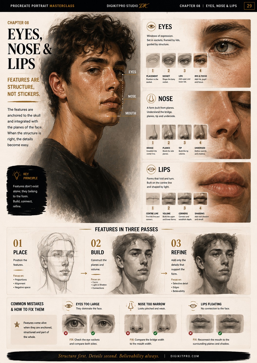 Chapter 08 Eyes, Nose & Lips — Features Are Structure, Not Stickers — Eyes/Nose/Lips 4-step builds + Features in Three Passes