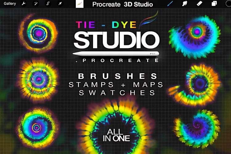 Tie Dye Brushes Studio for Procreate: 21 meticulously crafted tie-dye brushes and stamps that turn your canvas into a vibrant tapestry of color.