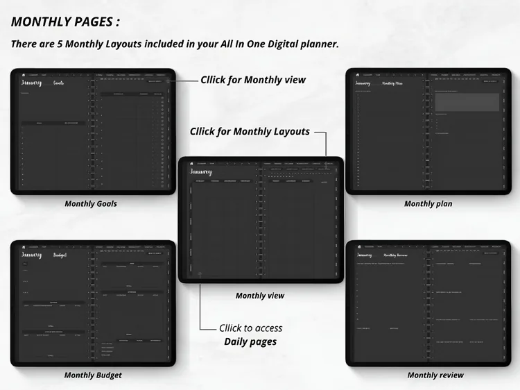 Undated Digital Planner, Dark Mode, product preview artwork: preview 3 thumbnail
