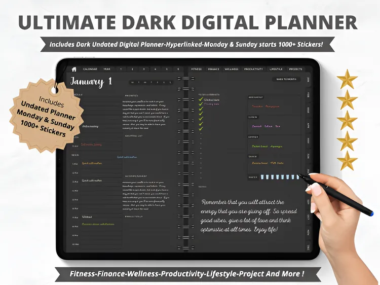 Undated Digital Planner: Dark Mode: A dark, fully hyperlinked undated planner with Monday and Sunday start versions plus 1,000 stickers.