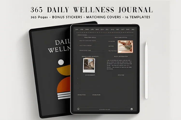 Digital Wellness Journal: 365 Hyperlinked Pages, Dark Mode: 365 undated daily wellness pages in a distraction-free dark minimalist design for GoodNotes and Notability.