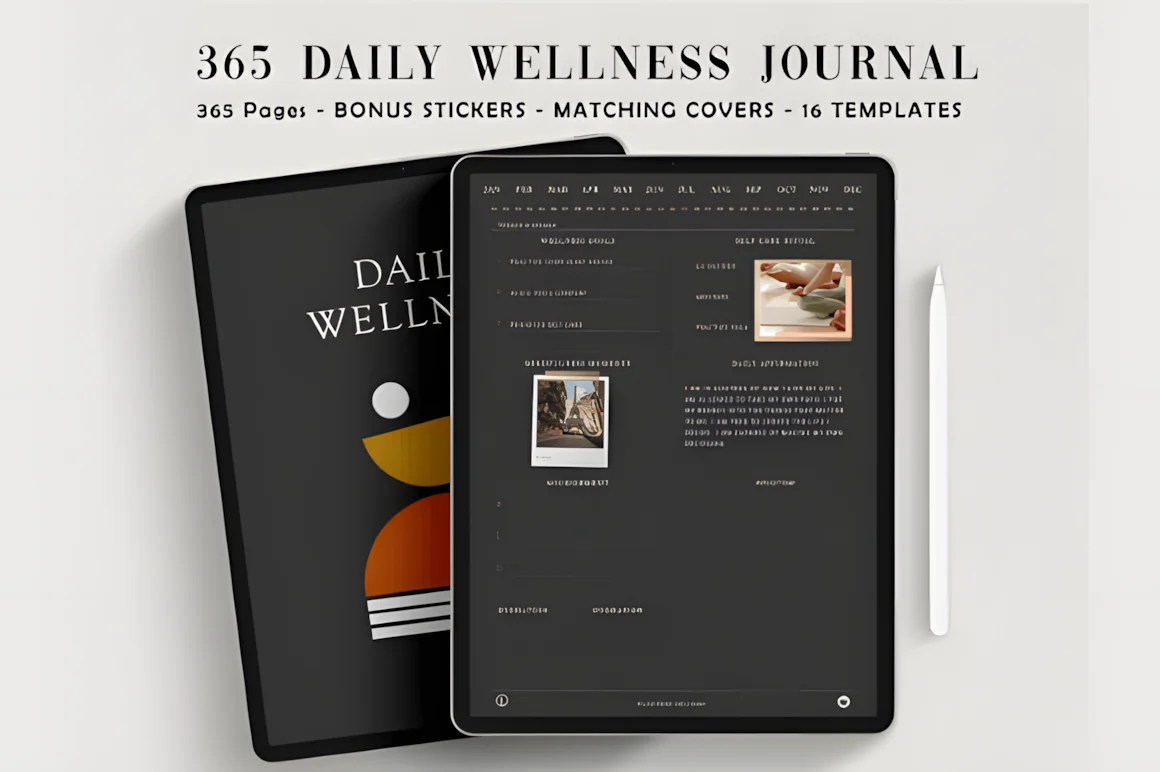 Digital Wellness Journal, 365 Hyperlinked Pages, Dark Mode, product preview artwork